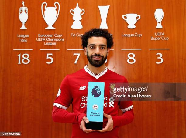 Mohamed Salah of Liverpool is Awarded with the EA SPORTS Player of the Month for March at Melwood Training Ground on April 12, 2018 in Liverpool,...