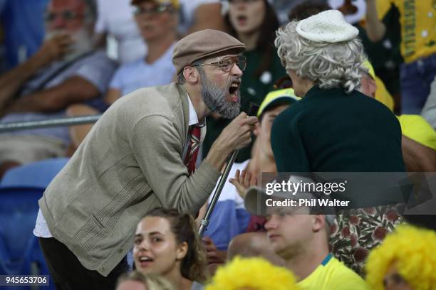 Fans in the crowd during Rugby Sevens on day nine of the Gold Coast 2018 Commonwealth Games at Robina Stadium on April 13, 2018 on the Gold Coast,...