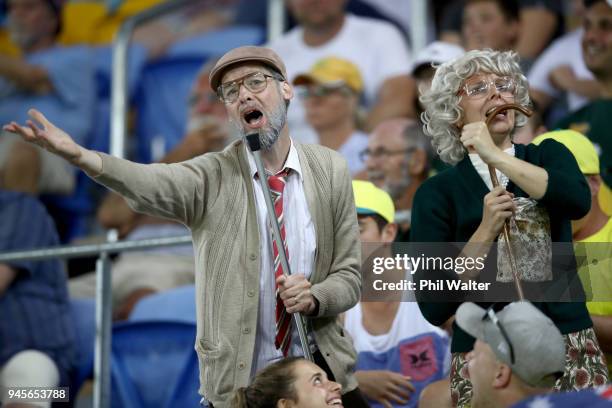 Fans in the crowd during Rugby Sevens on day nine of the Gold Coast 2018 Commonwealth Games at Robina Stadium on April 13, 2018 on the Gold Coast,...