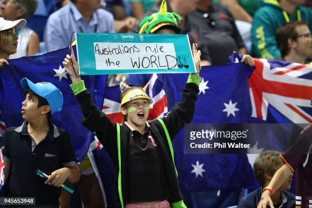 Fans in the crowd during Rugby Sevens on day nine of the Gold Coast 2018 Commonwealth Games at Robina Stadium on April 13, 2018 on the Gold Coast,...