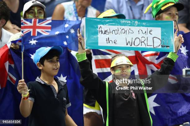 Fans in the crowd during Rugby Sevens on day nine of the Gold Coast 2018 Commonwealth Games at Robina Stadium on April 13, 2018 on the Gold Coast,...