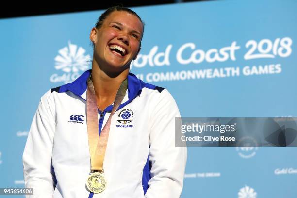 Gold medalist Grace Reid of Scotland poses during the medal ceremony for the Women's 1m Springboard Diving Final on day nine of the Gold Coast 2018...