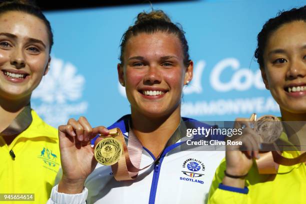 Gold medalist Grace Reid of Scotland poses during the medal ceremony for the Women's 1m Springboard Diving Final on day nine of the Gold Coast 2018...