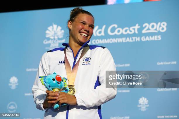 Gold medalist Grace Reid of Scotland poses during the medal ceremony for the Women's 1m Springboard Diving Final on day nine of the Gold Coast 2018...