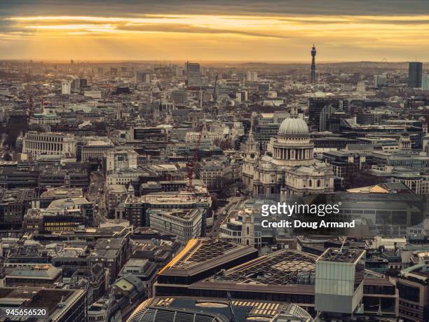 aerial of st paul's cathedral and surrounding cityscape at sunset - doug armand stockfoto's en -beelden