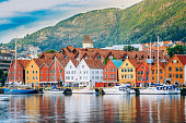 View of historical buildings, Bryggen in Bergen, Norway. UNESCO World Heritage Site