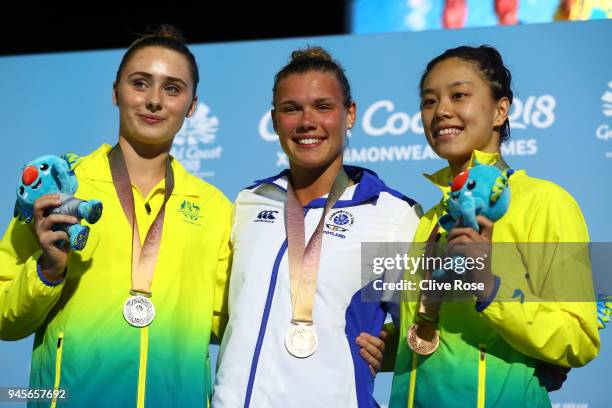 Silver medalist Georgia Sheehan of Australia, gold medalist Grace Reid of Scotland and bronze medalist Esther Qin of Australia pose during the medal...