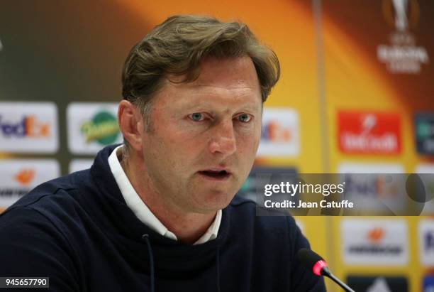 Coach of RB Leipzig Ralph Hasenhuttl anwers to the media following the UEFA Europa League quarter final leg two match between Olympique de Marseille...