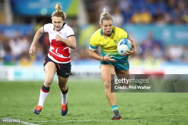 Emma Tonegato of Australia runs in for a try during in the match between Australia and England during Rugby Sevens on day nine of the Gold Coast 2018...