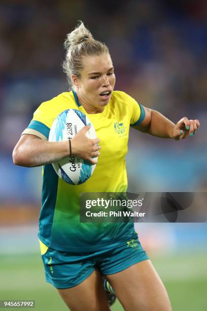 Emma Tonegato of Australia runs in for a try during in the match between Australia and England during Rugby Sevens on day nine of the Gold Coast 2018...