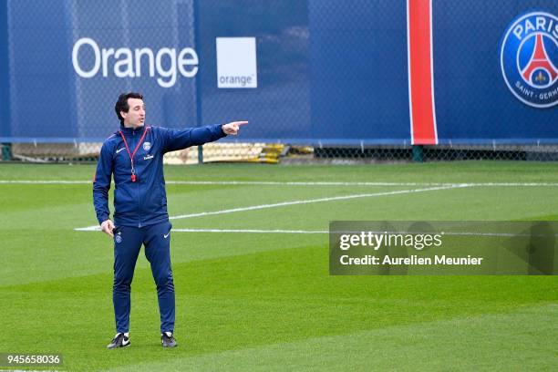 Paris Saint-Germain Head coach Unai Emery reacts during a Paris Saint-Germain training session at Centre Ooredoo on April 13, 2018 in Paris, France.