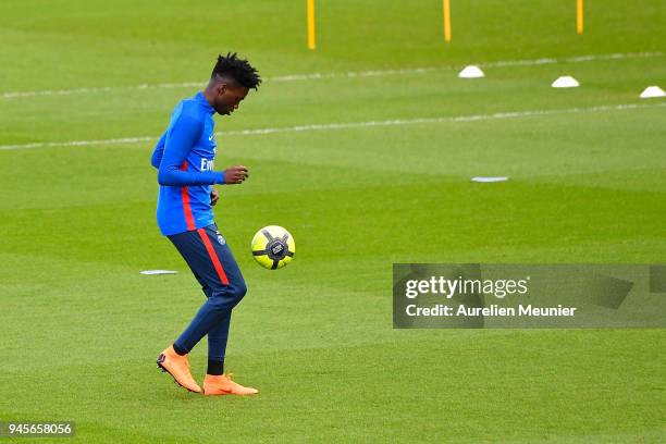 Timothy Weah of Paris Saint-Germain reacts during a Paris Saint-Germain training session at Centre Ooredoo on April 13, 2018 in Paris, France.