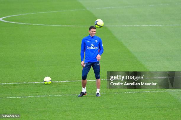 Thiago Silva of Paris Saint-Germain reacts during a Paris Saint-Germain training session at Centre Ooredoo on April 13, 2018 in Paris, France.