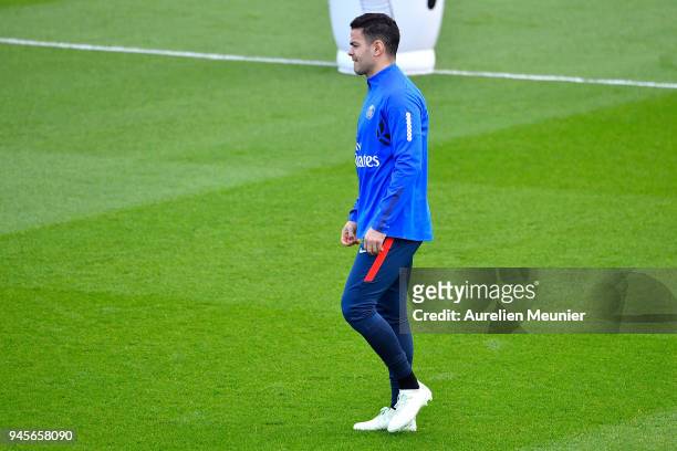 Hatem Ben Arfa of Paris Saint-Germain reacts during a Paris Saint-Germain training session at Centre Ooredoo on April 13, 2018 in Paris, France.