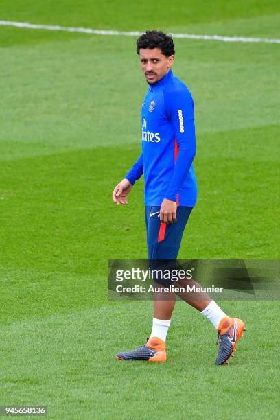Marquinhos of Paris Saint-Germain reacts during a Paris Saint-Germain training session at Centre Ooredoo on April 13, 2018 in Paris, France.
