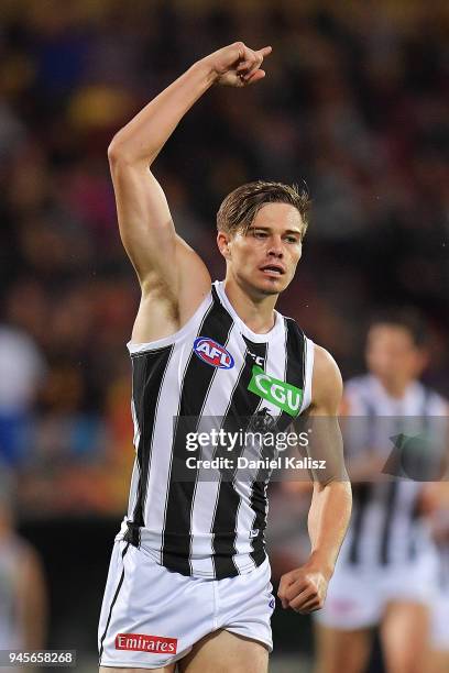 Josh Thomas of the Magpies celebrates after kicking a goal during the round four AFL match between the Adelaide Crows and the Collingwood Magpies at...