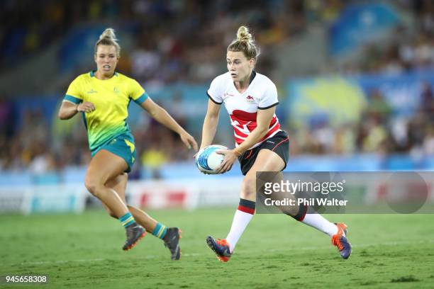 Megan Jones of England during in the match between Australia and England during Rugby Sevens on day nine of the Gold Coast 2018 Commonwealth Games at...