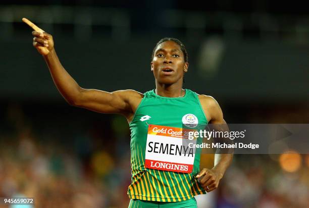 Caster Semenya of South Africa celebrates wins gold in the Women's 800 metres final during athletics on day nine of the Gold Coast 2018 Commonwealth...