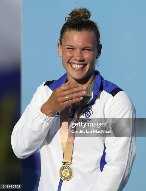 Grace Reid of Scotland is seen after winning the Women's 1m Springboard final during Diving on day nine of the Gold Coast 2018 Commonwealth Games at...