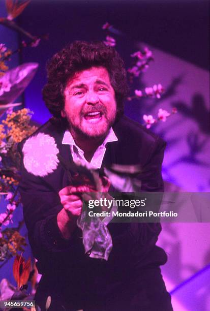 The comedian Beppe Grillo performing at 38th Sanremo Music Festival. Sanremo, Italy. 1988