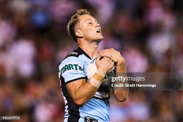 Matthew Moylan of the Sharks catches the ball during the round six NRL match between the St George Illawarra Dragons and the Cronulla Sharks at WIN...