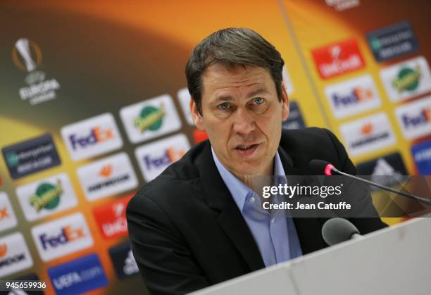 Coach of OM Rudi Garcia anwers to the media following the UEFA Europa League quarter final leg two match between Olympique de Marseille and RB...