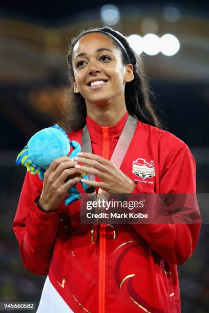 Gold medalist Katarina Johnson-Thompson of England looks on during the medal ceremony for the Womens Heptathlon during athletics on day nine of the...