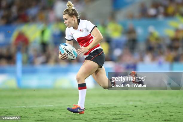 Megan Jones of England during in the match between Australia and England during Rugby Sevens on day nine of the Gold Coast 2018 Commonwealth Games at...