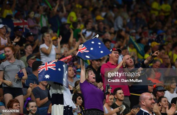 Spectators show their support during the Rugby Sevens Women's Pool B match between Australia and England on day nine of the Gold Coast 2018...