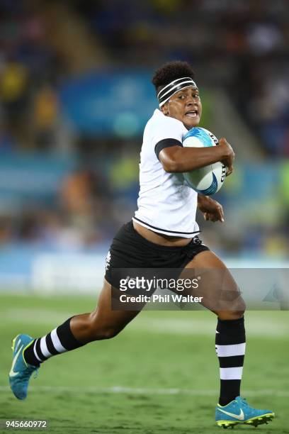 Lavenia Tinai of Fiji heads for a try in the game between Canada and Fiji during Rugby Sevens on day nine of the Gold Coast 2018 Commonwealth Games...