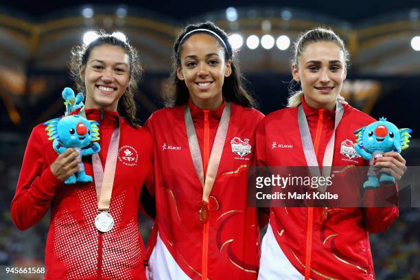 Silver medalist Nina Schultz of Canada, gold medalist Katarina Johnson-Thompson of England and bronze medalist Niamh Emerson of England pose during...