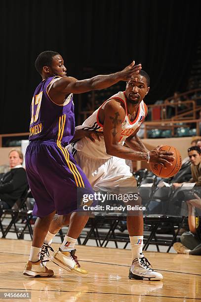 Keith McLeod of the Albuquerque Thunderbirds looks to move the ball against Horace Wormely of the Los Angeles D-Fenders during the NBA D-League game...