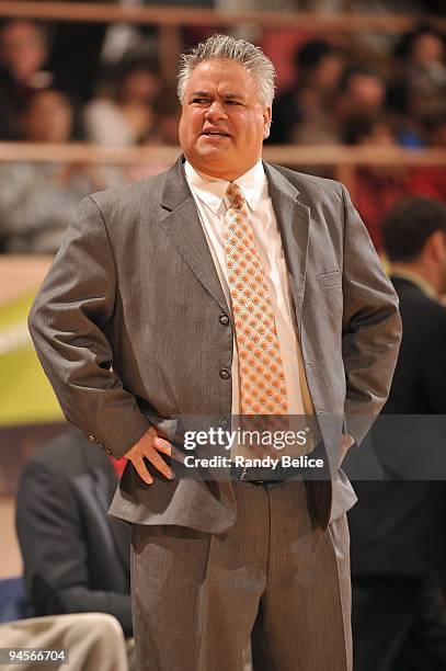 Head coach John Coffino of the Albuquerque Thunderbirds looks on from the sideline during the NBA D-League game against the Los Angeles D-Fenders on...