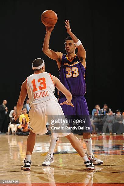 Ryan Forehan-Kelly of the Los Angeles D-Fenders looks to move the ball against Antoine Agudio of the Albuquerque Thunderbirds during the NBA D-League...