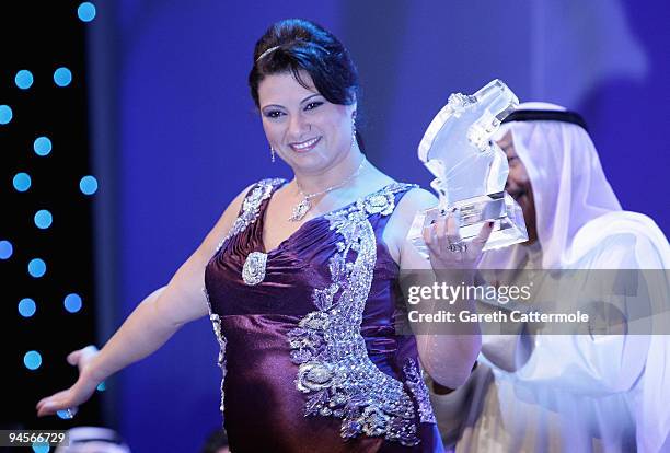 Nisreen Faour with the Muhr Arab Feature Best Actress award during the Closing Night Award Ceremony at the 6th Annual Dubai International Film...