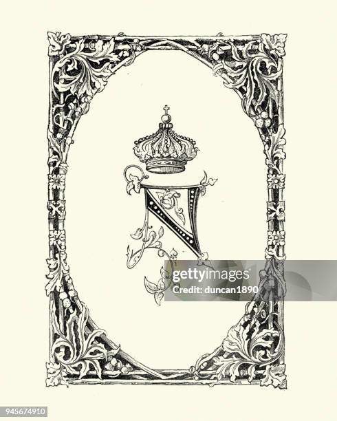 victorian decor, book cover design, 1850s - knick knack stock illustrations