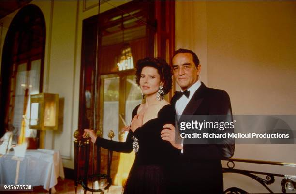 Fanny Ardant and Vittorio Gassman get ready for a reception during the Cannes Film Festival, 16 May 1987