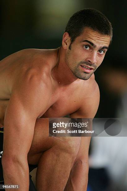 Daniel Giansiracusa of the Bulldogs prepares to get in the pool to swim as he takes part in a Club Christmas Triathlon during a Western Bulldogs...