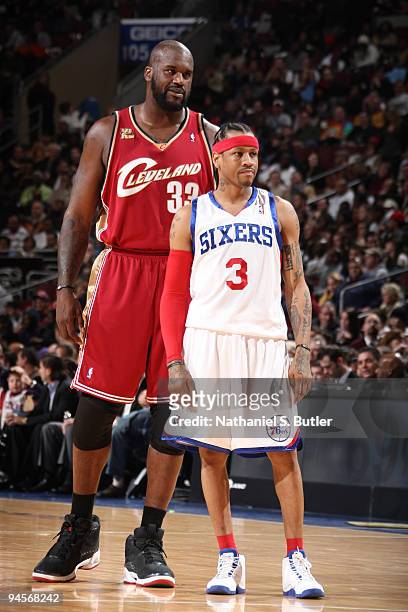 Shaquille O'Neal of the Cleveland Cavaliers stands with Allen Iverson of the Philadelphia 76ers during the game on December 16, 2009 at the Wachovia...