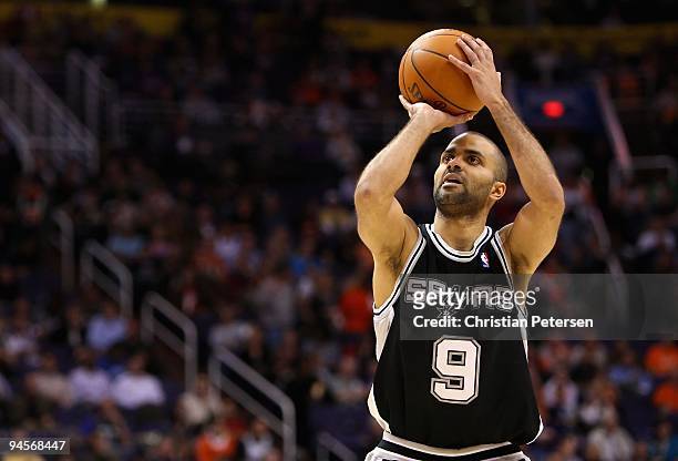 Tony Parker of the San Antonio Spurs shoot a free throw shot during the NBA game against the Phoenix Suns at US Airways Center on December 15, 2009...