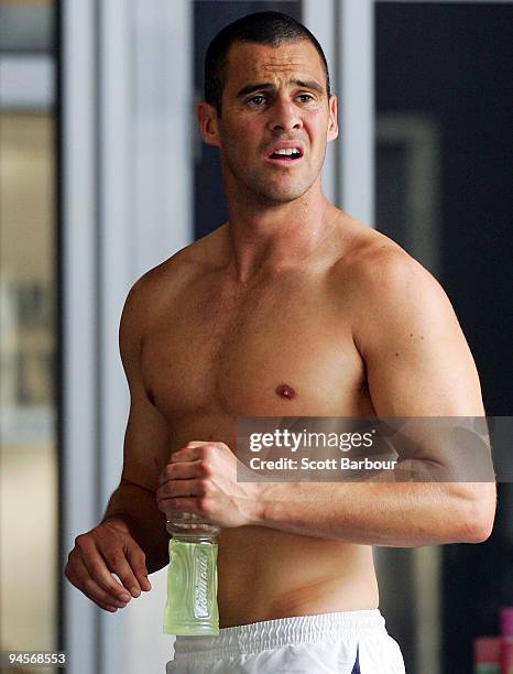 Lindsay Gilbee of the Bulldogs looks on after swimming as he takes part in a Club Christmas Triathlon during a Western Bulldogs Training Session at...