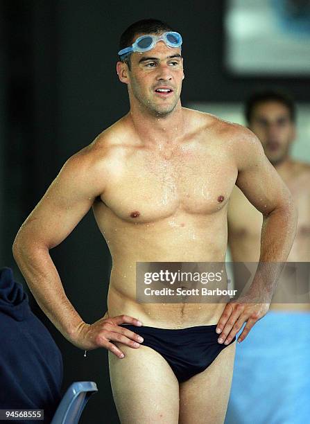 Lindsay Gilbee of the Bulldogs looks on after swimming as he takes part in a Club Christmas Triathlon during a Western Bulldogs Training Session at...