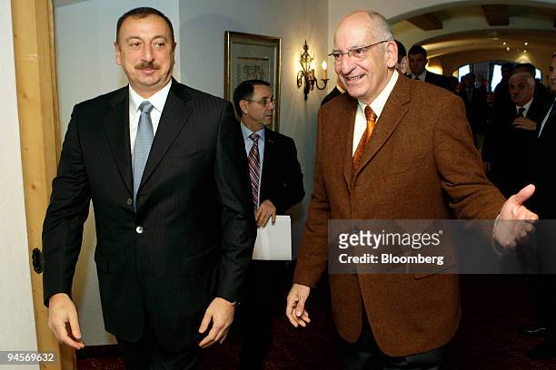 Pascal Couchepin, president of the Swiss confederation and federal councilor of home affairs, right, welcomes Ilham Aliyev, president of Azerbaijan,...