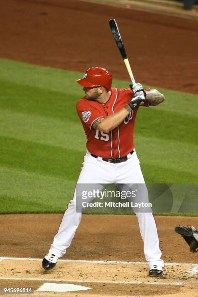 Matt Adams of the Washington Nationals prepares for a pitch during a baseball game against the New York Mets at Nationals Park on April 8, 2018 in...
