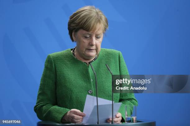 German Chancellor Angela Merkel and Serbian President Aleksandar Vucic hold a joint press conference prior to their meeting in Berlin, Germany on...