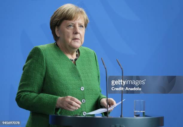 German Chancellor Angela Merkel and Serbian President Aleksandar Vucic hold a joint press conference prior to their meeting in Berlin, Germany on...