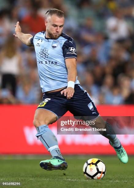 Jordy Buijs of Sydney shoots for goal during the round 27 A-League match between Sydney FC and the Melbourne Victory at Allianz Stadium on April 13,...