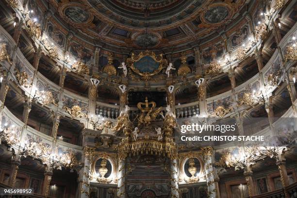 Picture taken on April 13, 2018 shows a view of spectator boxes and the painted ceilings at the Margravial Opera House in Bayreuth , a day after its...