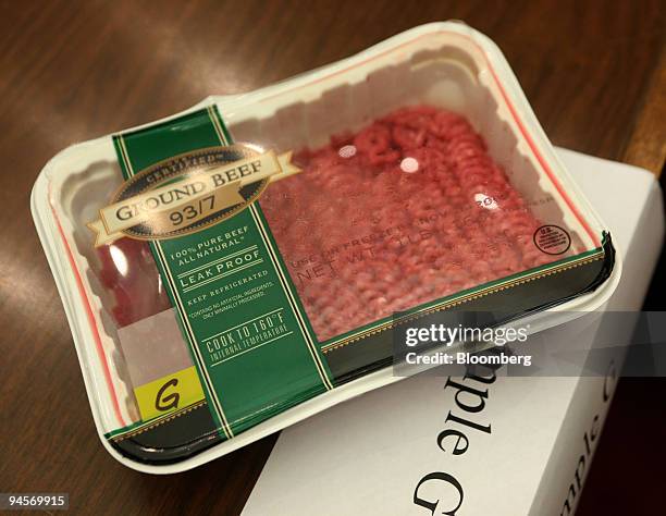 Two year old package of ground beef dated November 26 which has been treated with carbon monoxide and other gases, sits on display during a hearing...