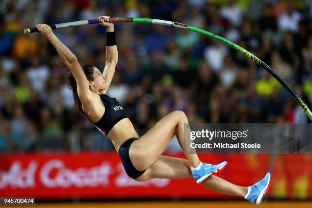 Eliza McCartney of New Zealand competes in the Women's Pole Vault during athletics on day nine of the Gold Coast 2018 Commonwealth Games at Carrara...